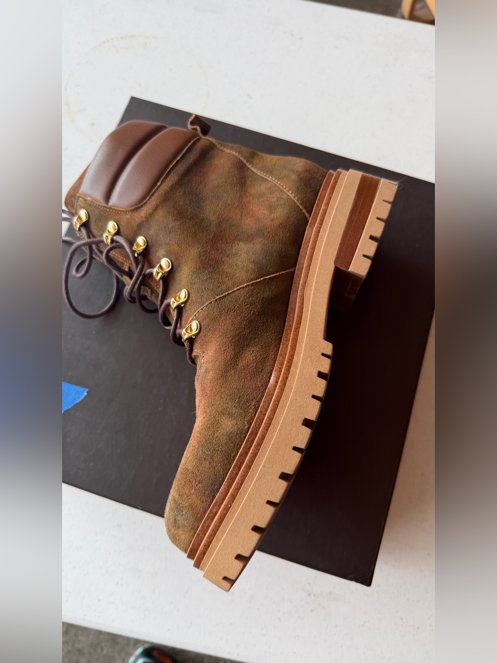 Women's camo Suede Lace-Up Work Boot in Olive Brown. New